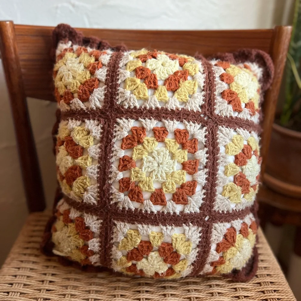 Vintage Crochet Pillow Handmade Granny Square + Chenille 70s Boho Throw Pillow